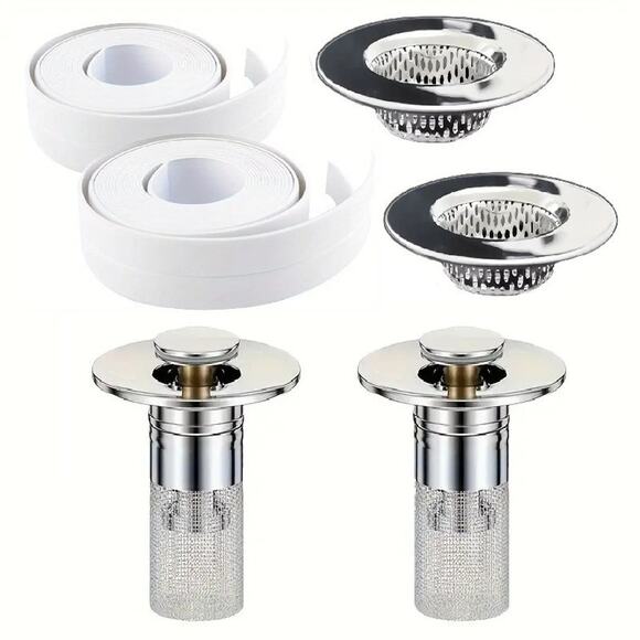 6 PCS 2 Sink + 2 Shower Drain Strainer + 2 PVC Joint Sealing Tape BATHROOM KIT - Picture 1 of 9